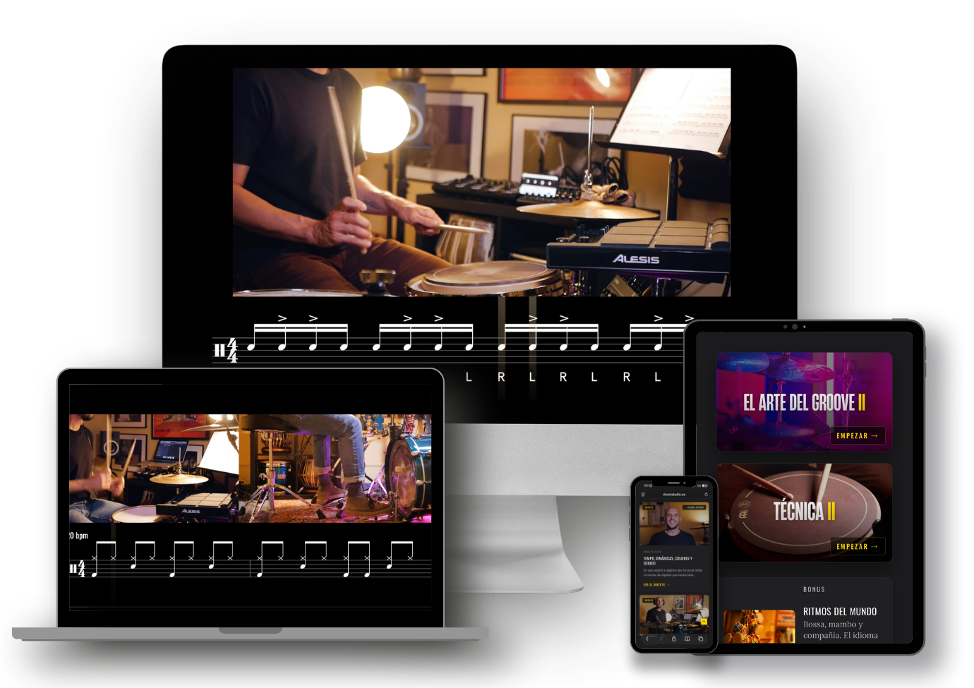 Drum Studio en ordenador, tablet y móvil: una lección con la partitura sincronizada