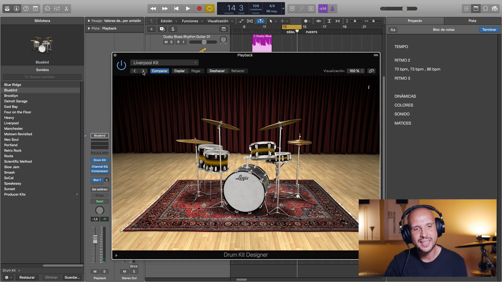 Una sesión en directo de Drum Studio vista desde una tablet